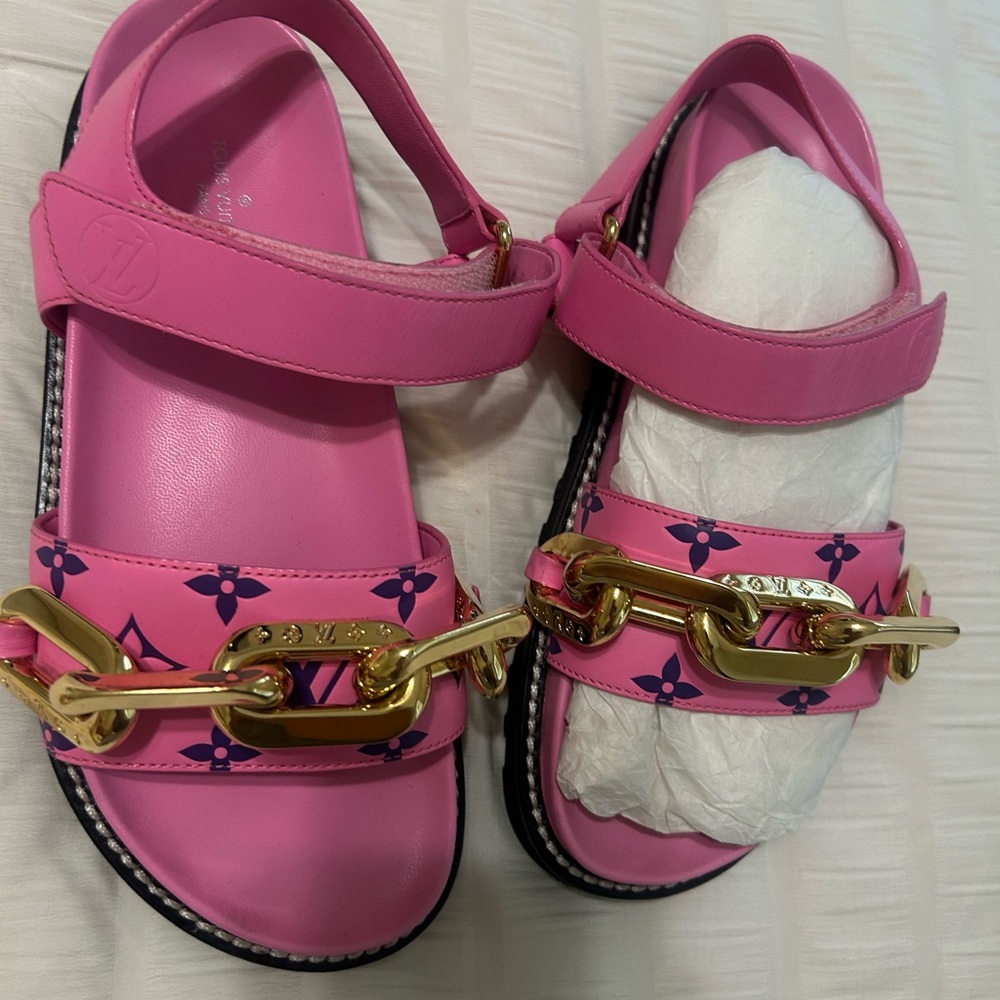 Louis Vuitton Pink and Gold Chain Sandals